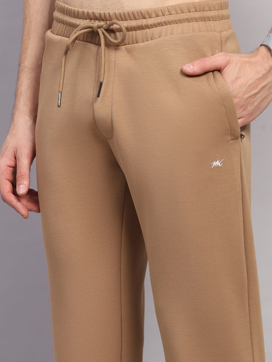 Men Beige Solid Collar Full Sleeve Winter Tracksuit