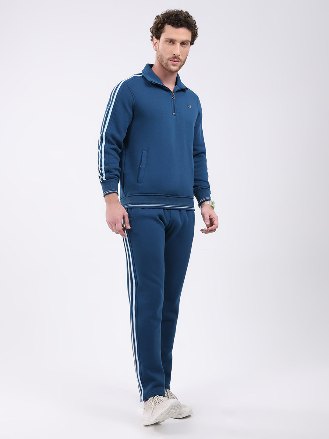 Men Teal Blue Solid Collar Full Sleeve Winter Tracksuit