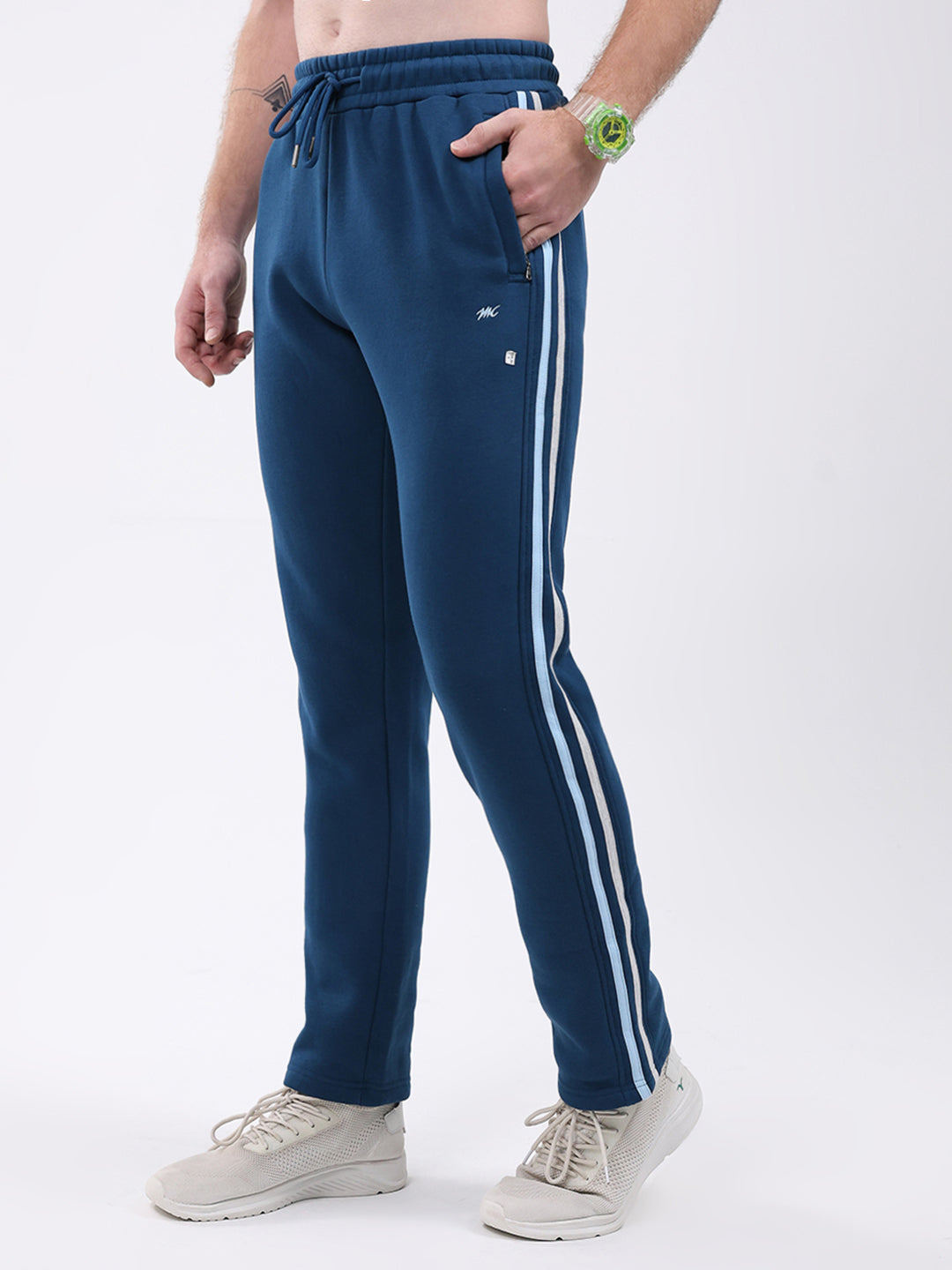 Men Teal Blue Solid Collar Full Sleeve Winter Tracksuit