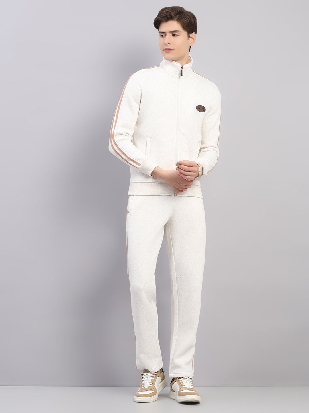 Men Camel Brown Solid Stand Collar Full Sleeve Winter Tracksuit