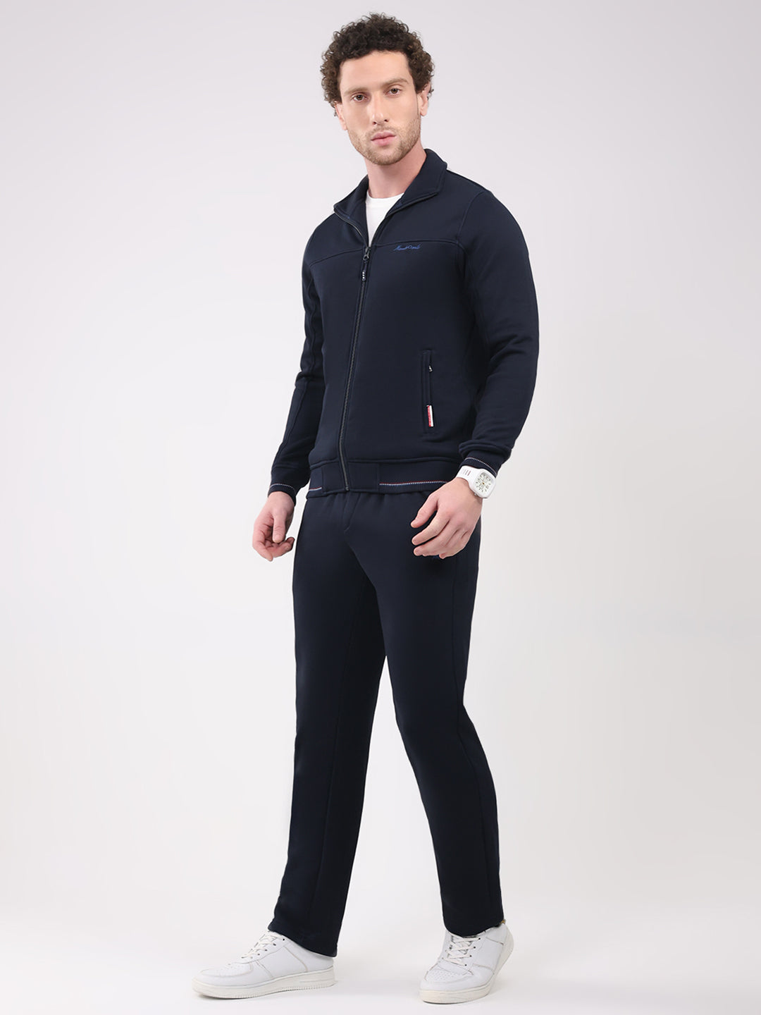 Men Navy Blue Solid Collar Full Sleeve Winter Tracksuit