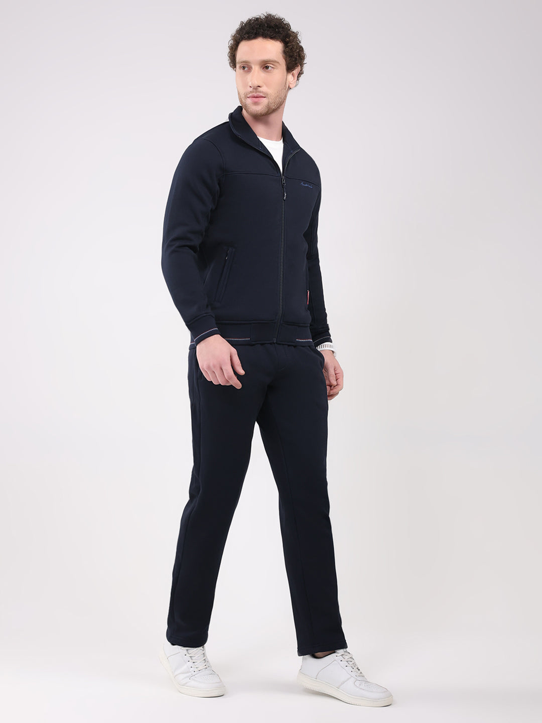 Men Navy Blue Solid Collar Full Sleeve Winter Tracksuit