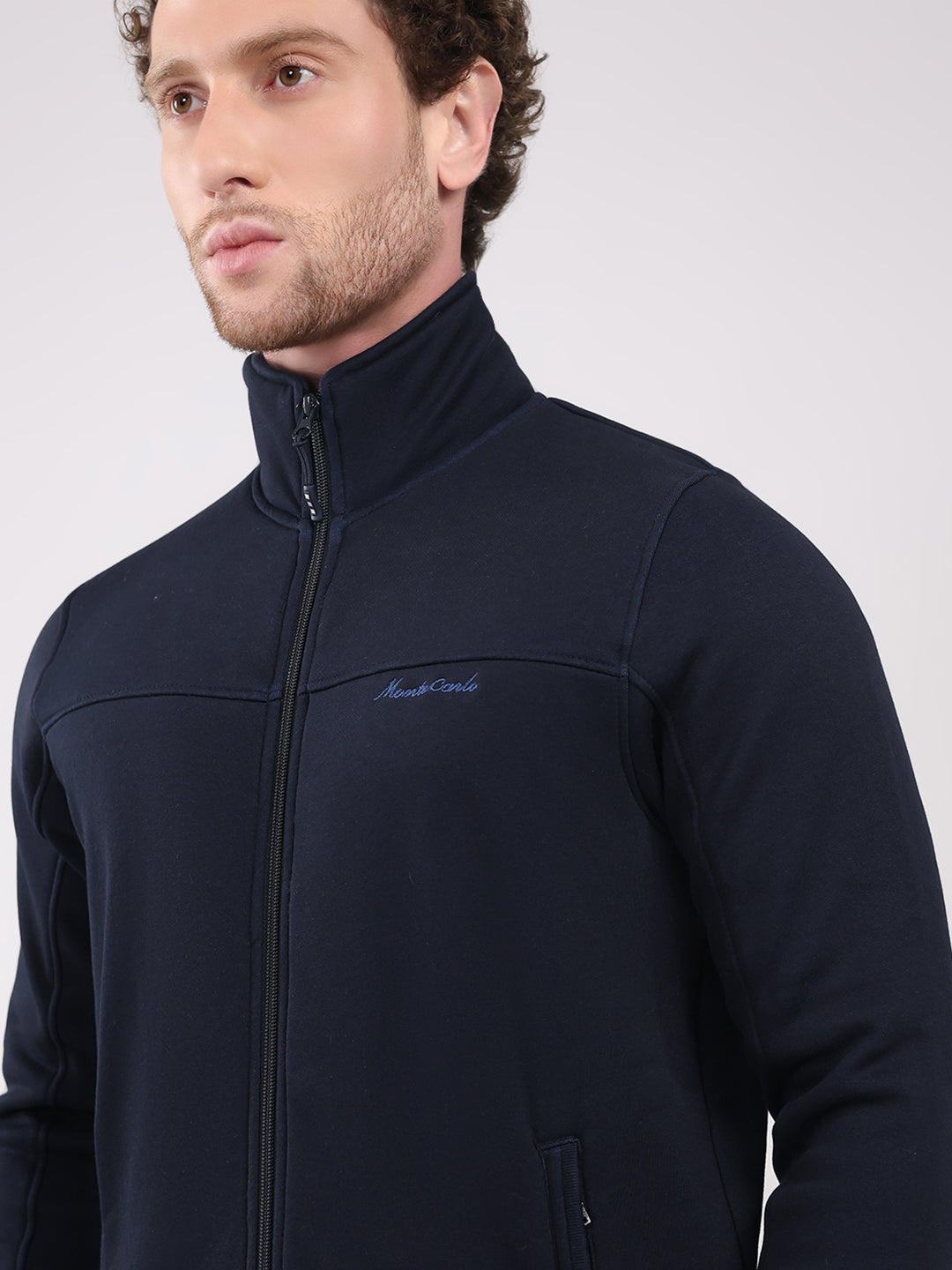 Men Navy Blue Solid Collar Full Sleeve Winter Tracksuit