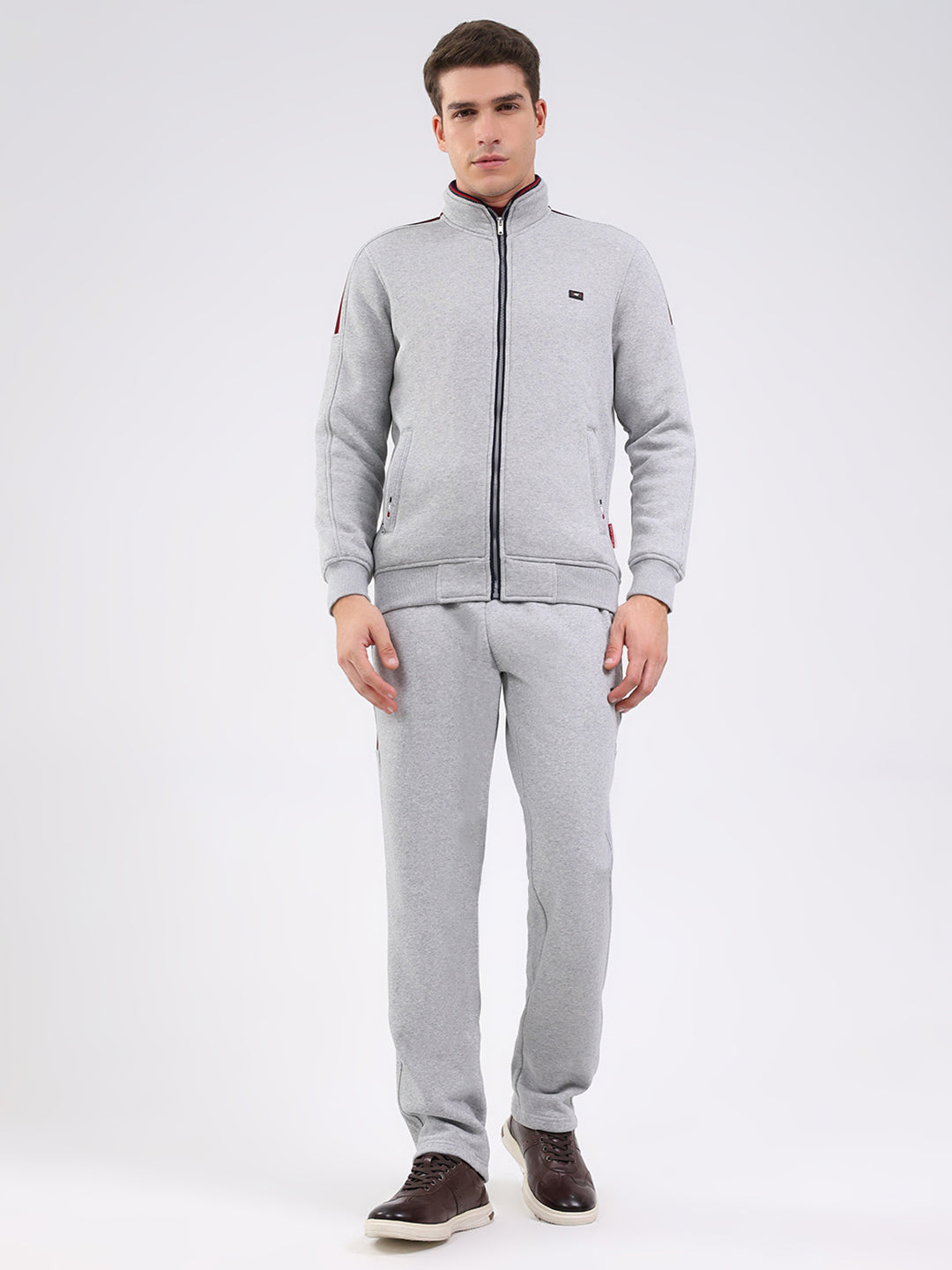 Men Grey Solid Mock Neck Full Sleeve Winter Tracksuit
