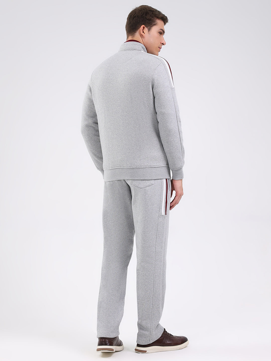 Men Grey Solid Mock Neck Full Sleeve Winter Tracksuit