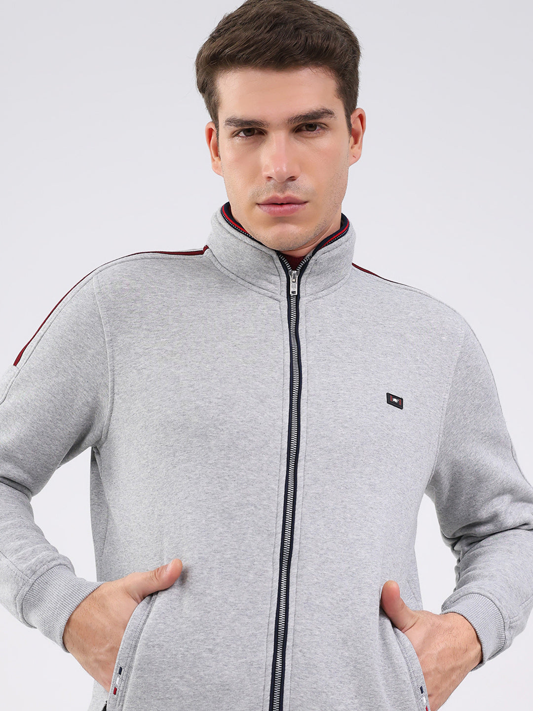 Men Grey Solid Mock Neck Full Sleeve Winter Tracksuit