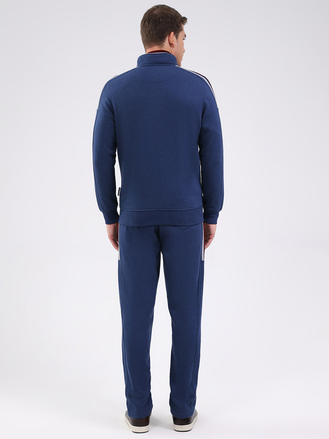 Men Blue Solid Mock Neck Full Sleeve Winter Tracksuit