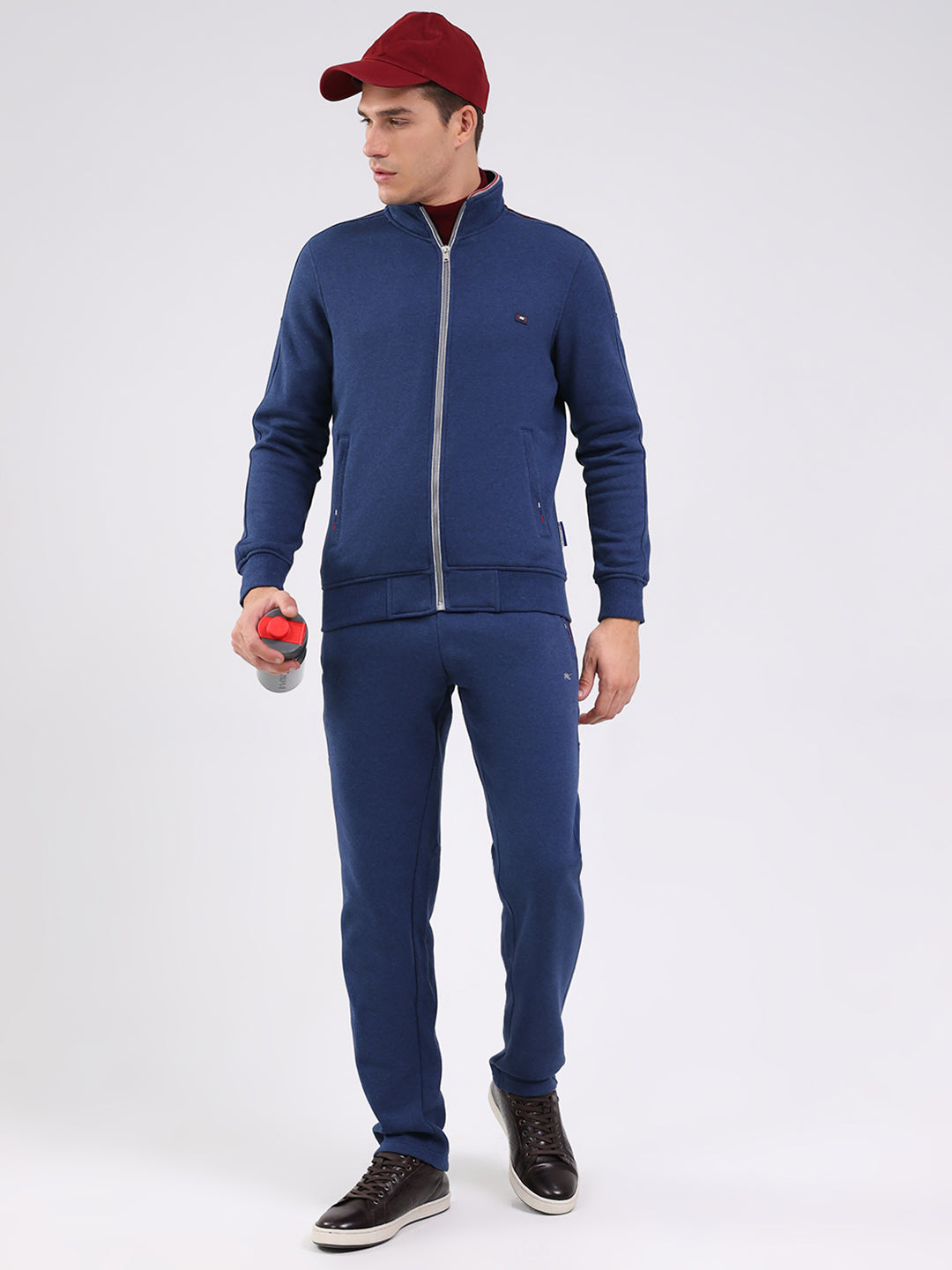 Men Blue Solid Mock Neck Full Sleeve Winter Tracksuit