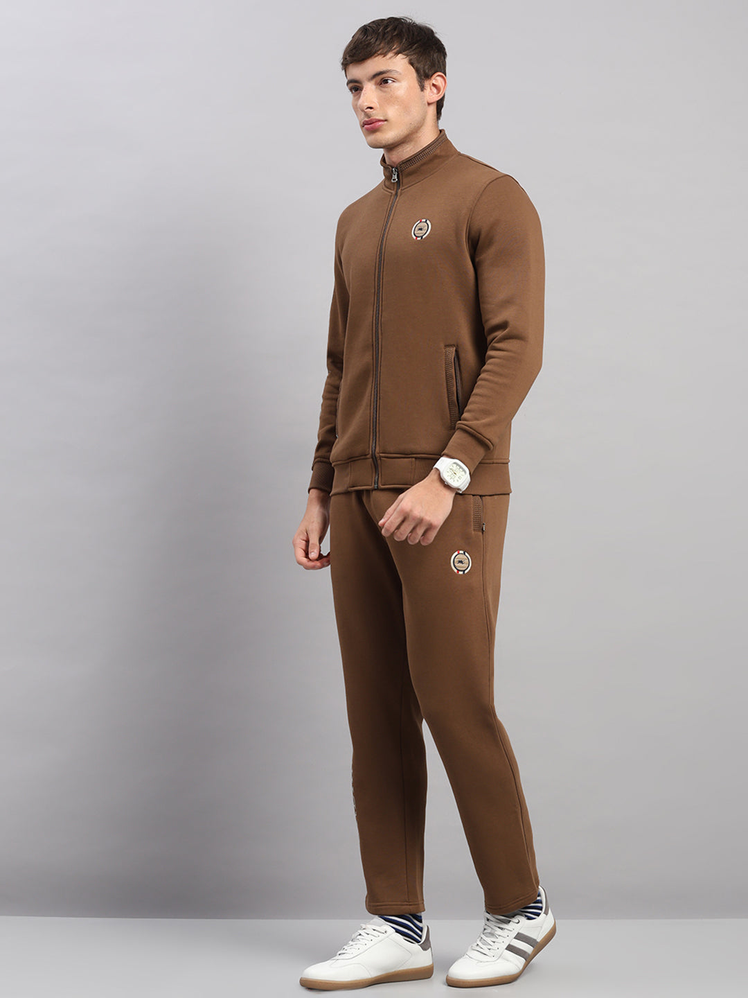 Men Brown Solid Collar Full Sleeve Winter Tracksuit