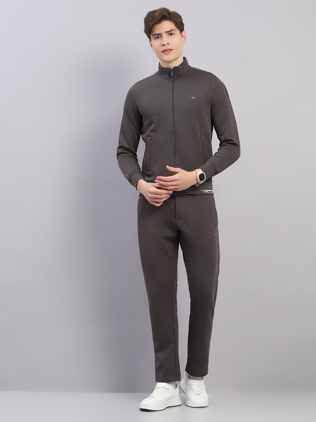Men Grey Solid Stand Collar Full Sleeve Winter Tracksuit