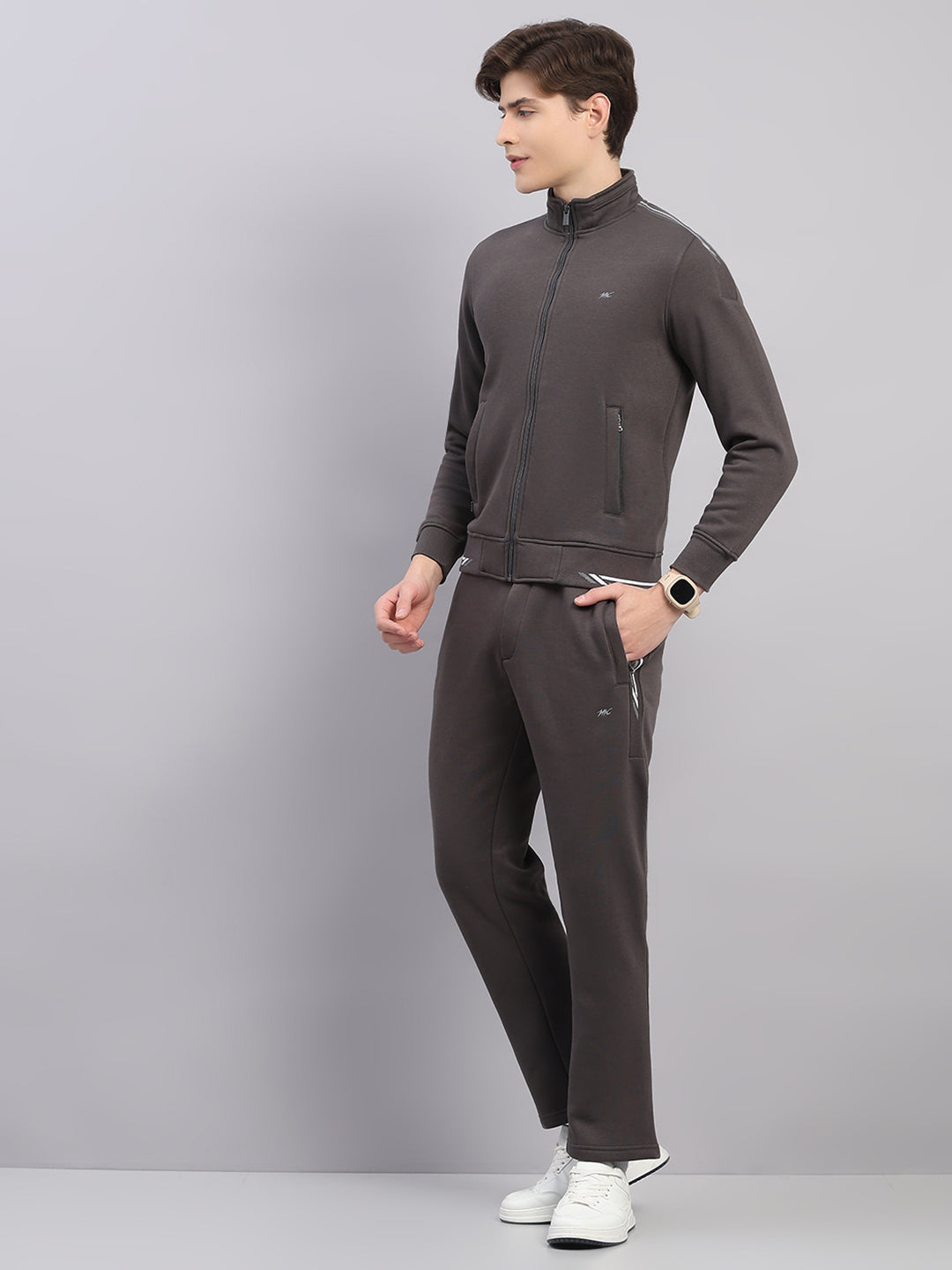 Men Grey Solid Stand Collar Full Sleeve Winter Tracksuit
