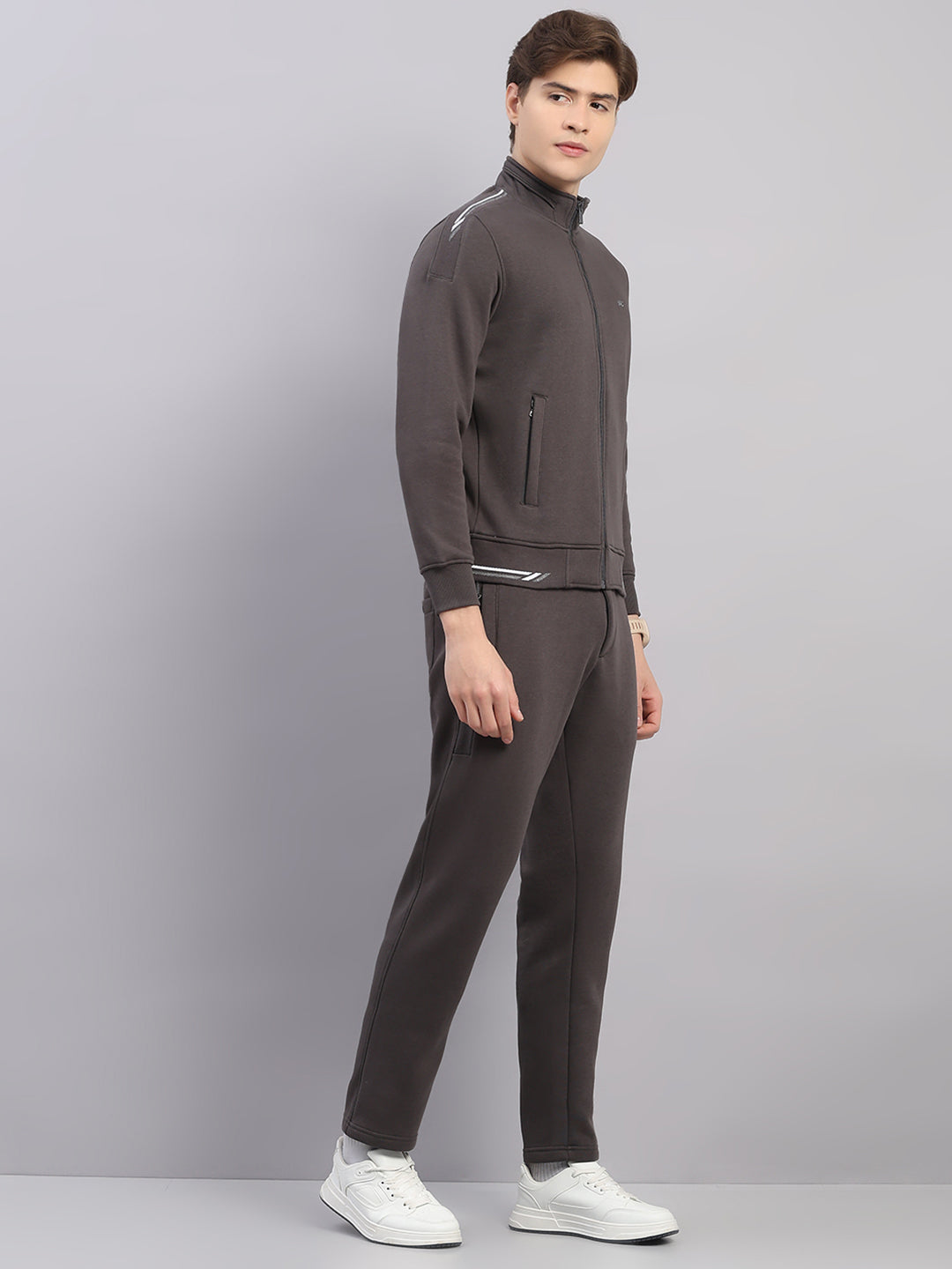 Men Grey Solid Stand Collar Full Sleeve Winter Tracksuit