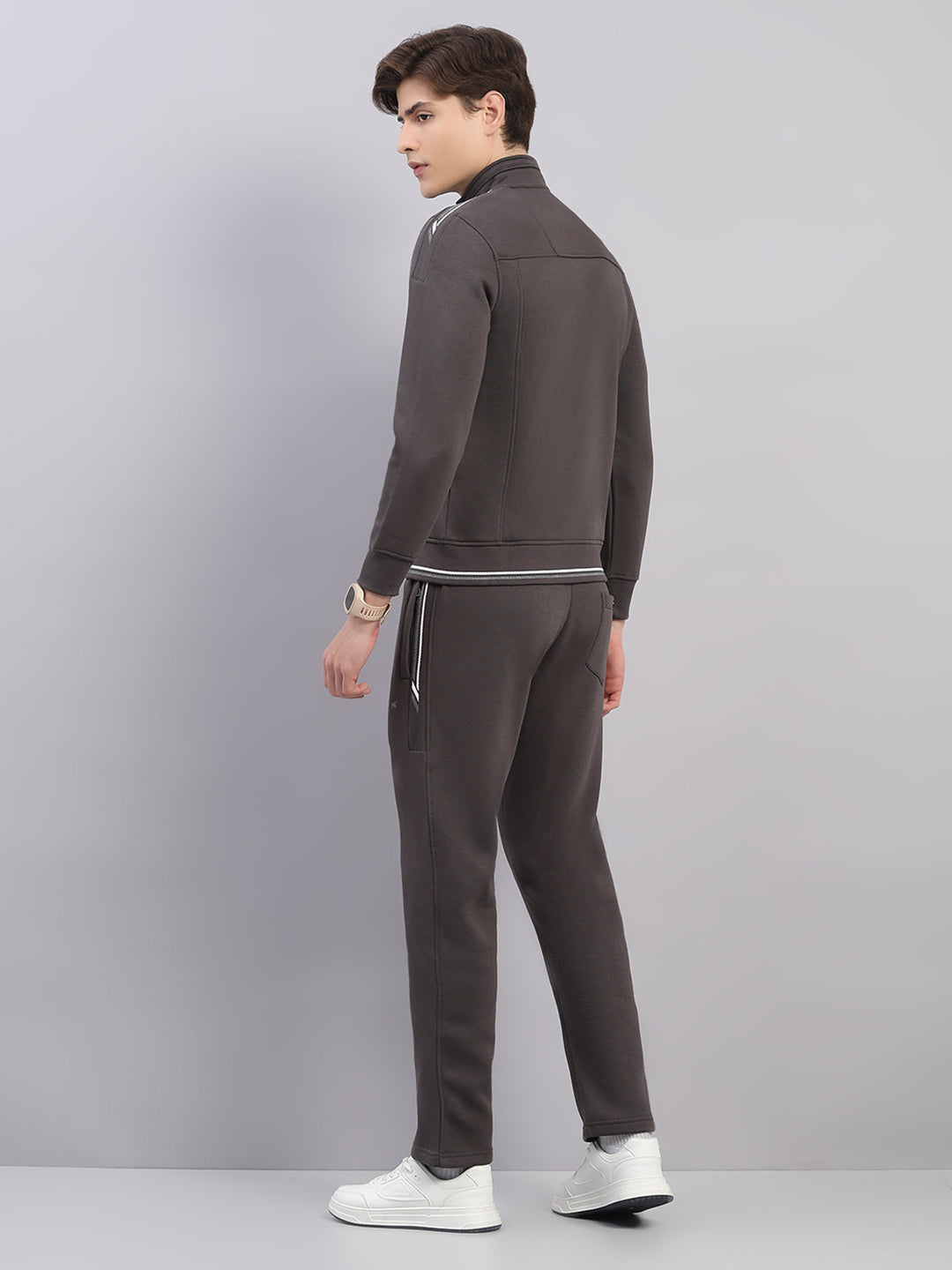 Men Grey Solid Stand Collar Full Sleeve Winter Tracksuit