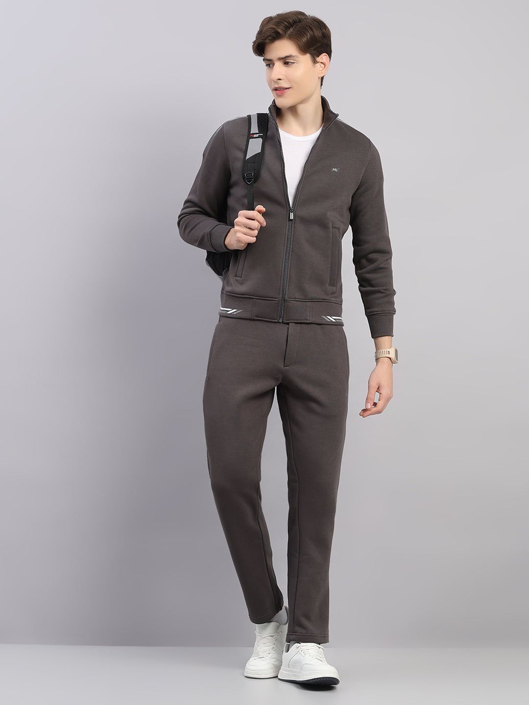 Men Grey Solid Stand Collar Full Sleeve Winter Tracksuit