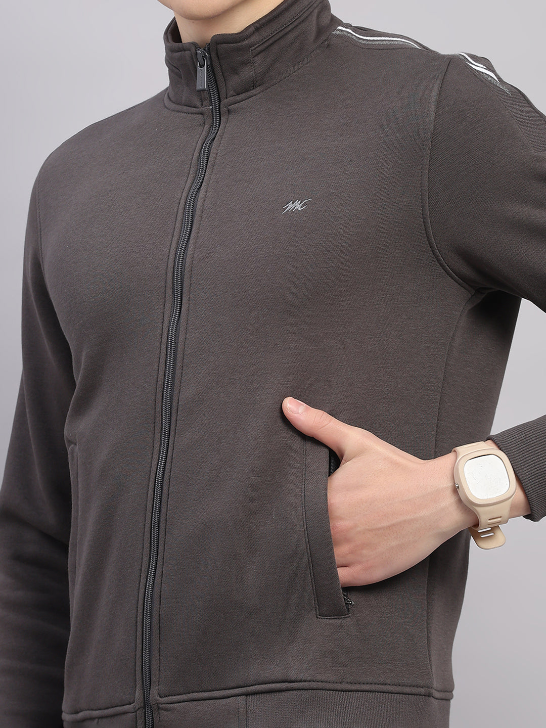 Men Grey Solid Stand Collar Full Sleeve Winter Tracksuit