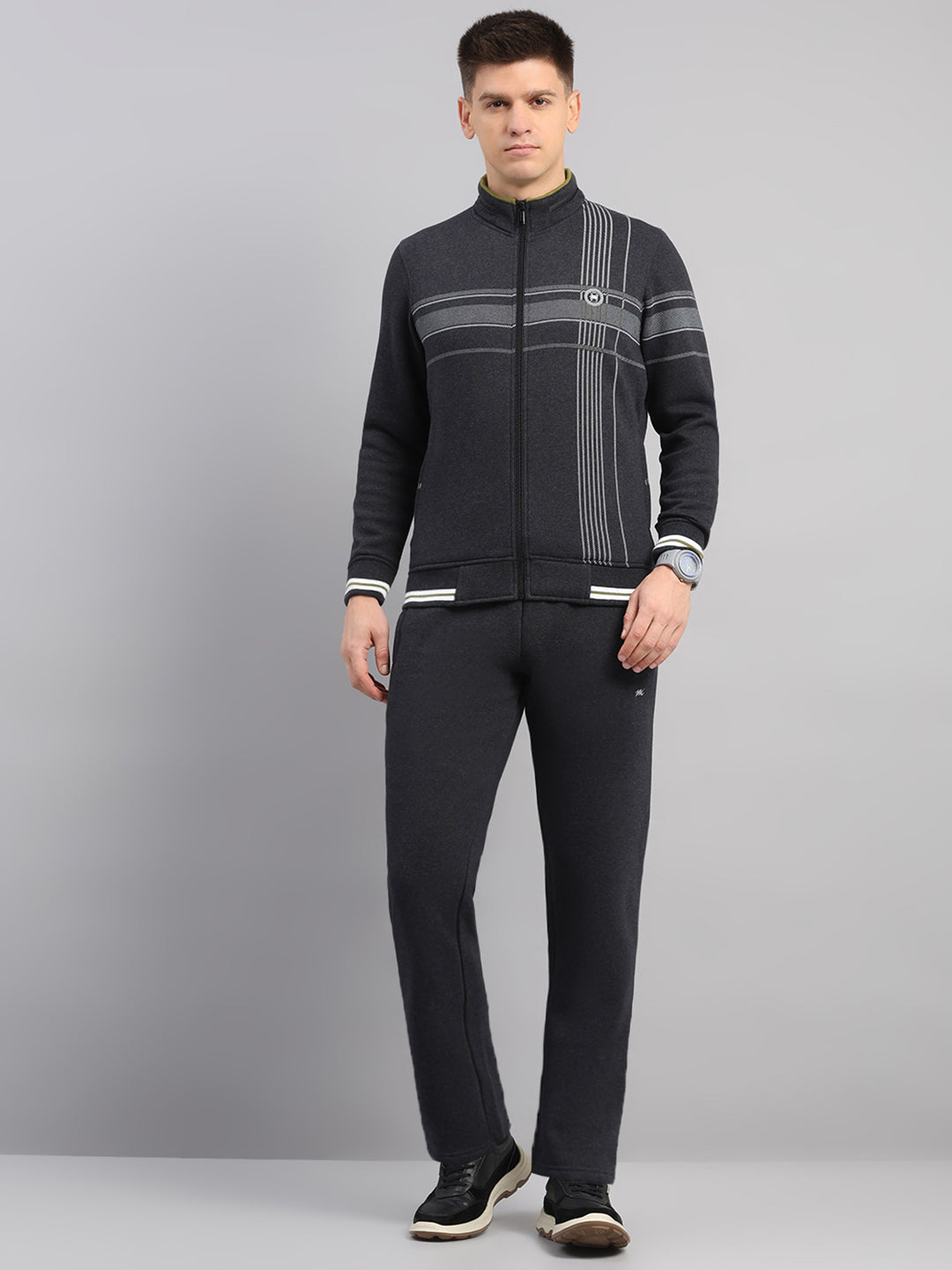 Men Charcoal Solid Collar Full Sleeve Winter Tracksuit