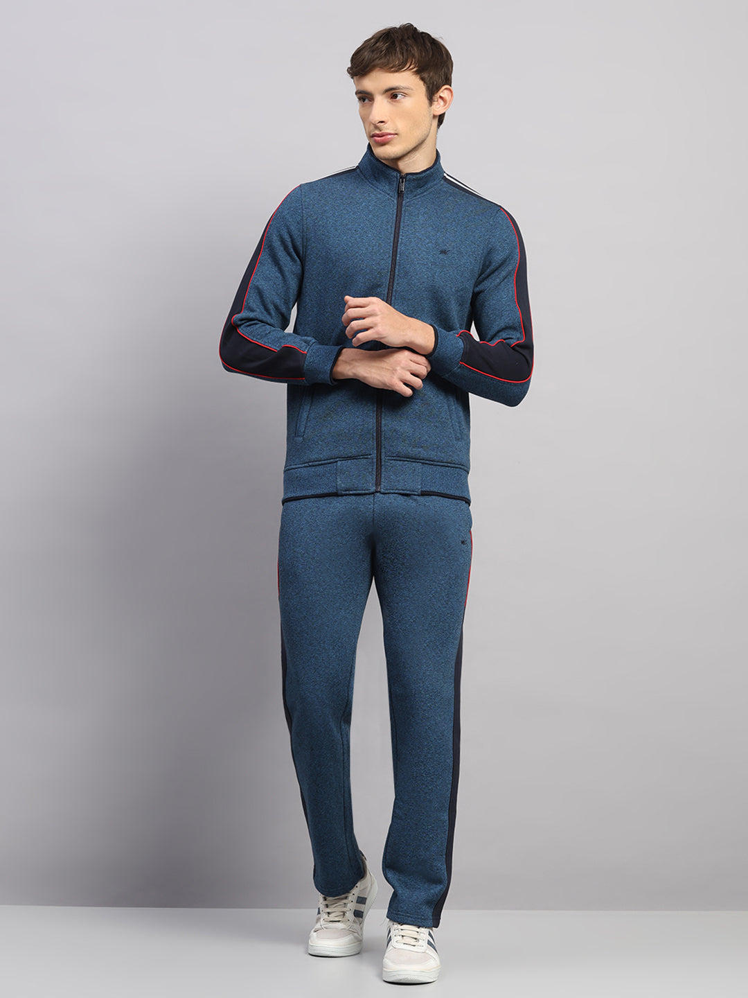 Men Navy Blue Solid Collar Full Sleeve Winter Tracksuit