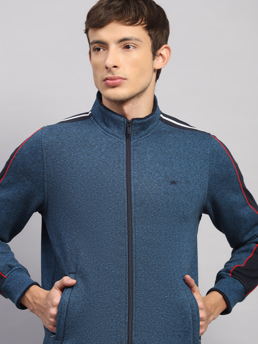 Men Navy Blue Solid Collar Full Sleeve Winter Tracksuit