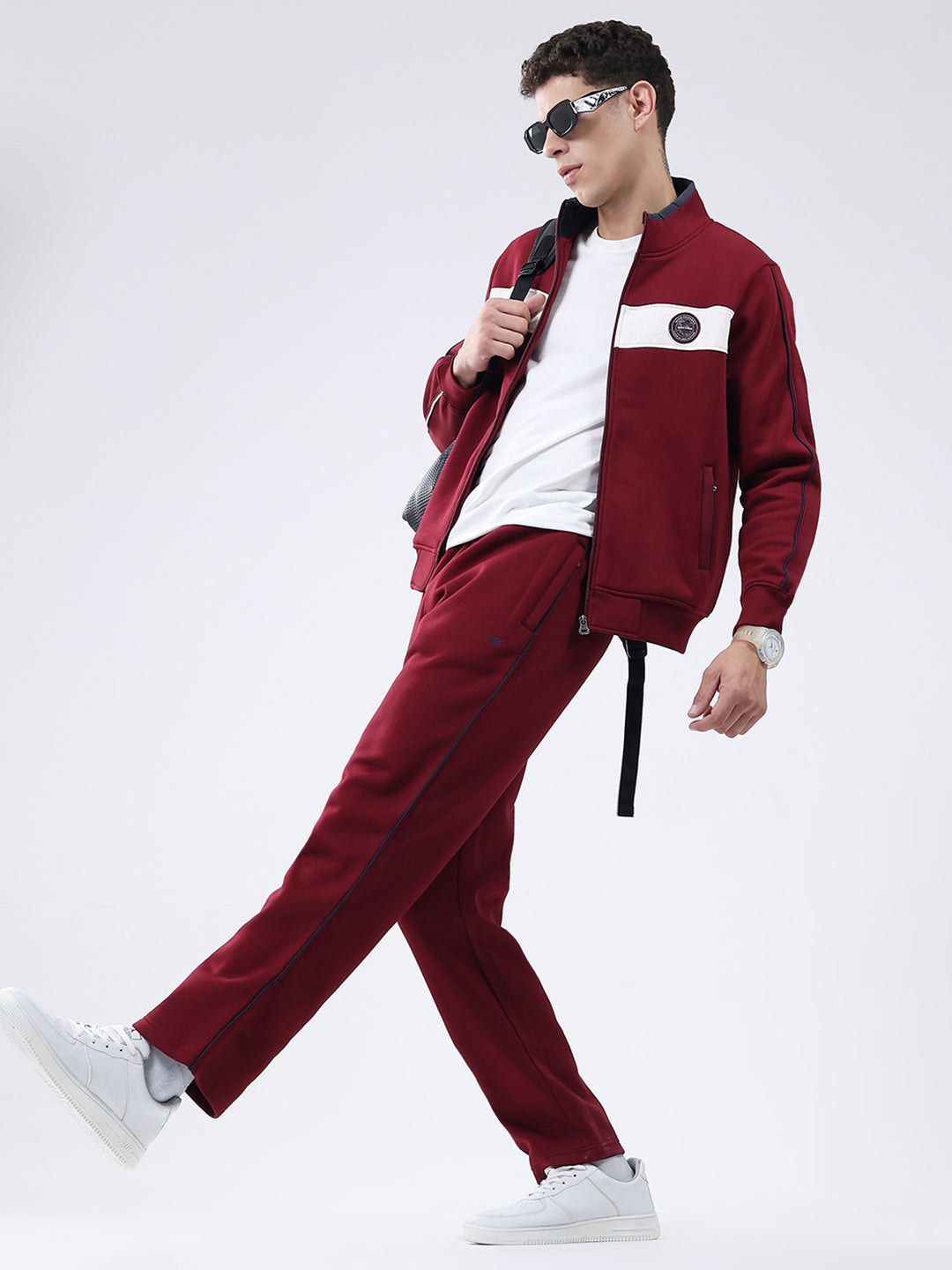Men Maroon Solid Mock Neck Full Sleeve Winter Tracksuit