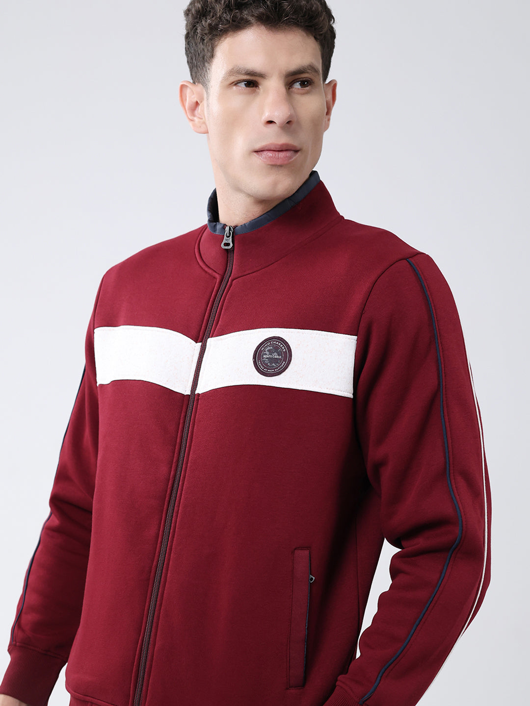 Men Maroon Solid Mock Neck Full Sleeve Winter Tracksuit