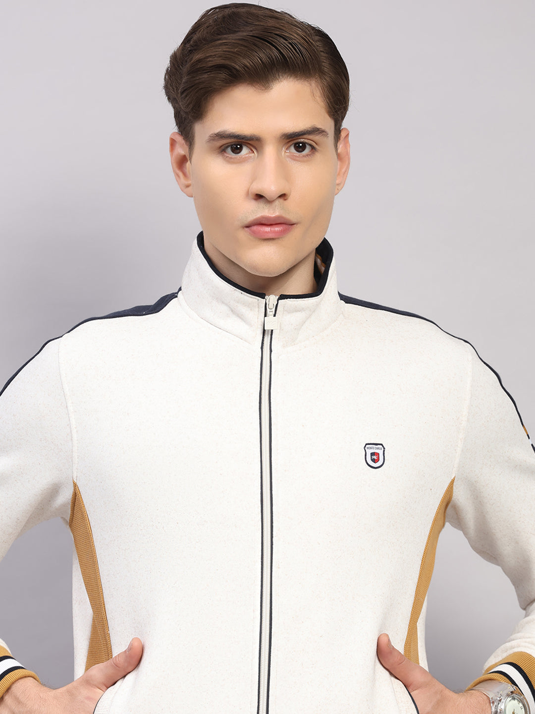 Men Camel Brown Solid Collar Full Sleeve Winter Tracksuit