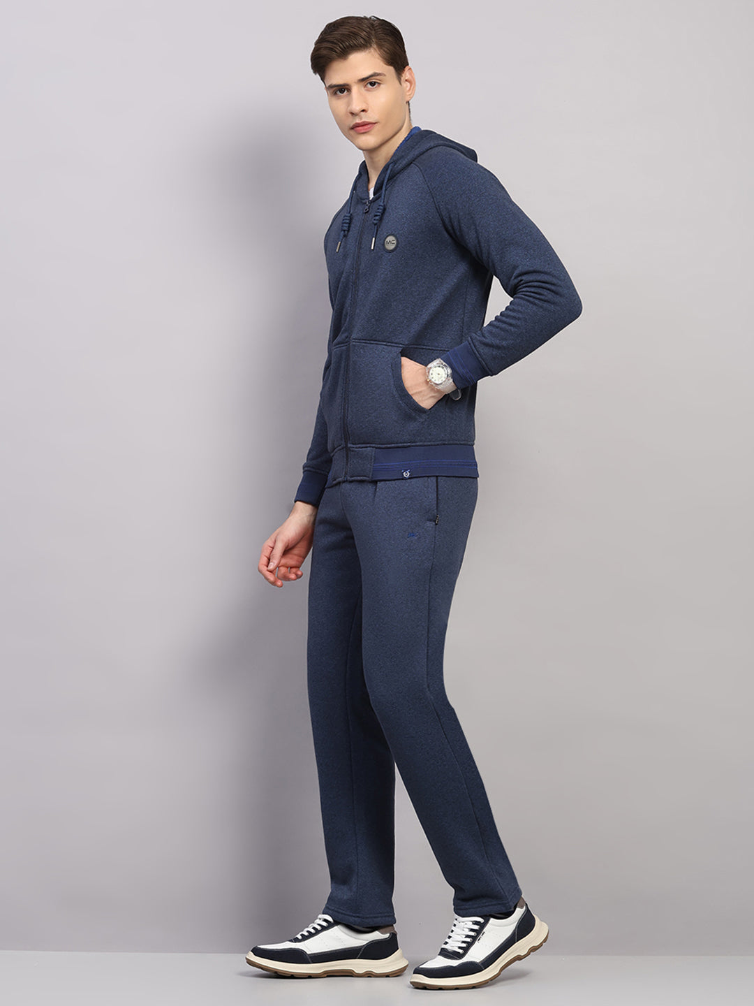 Men Navy Blue Solid Collar Full Sleeve Winter Tracksuit