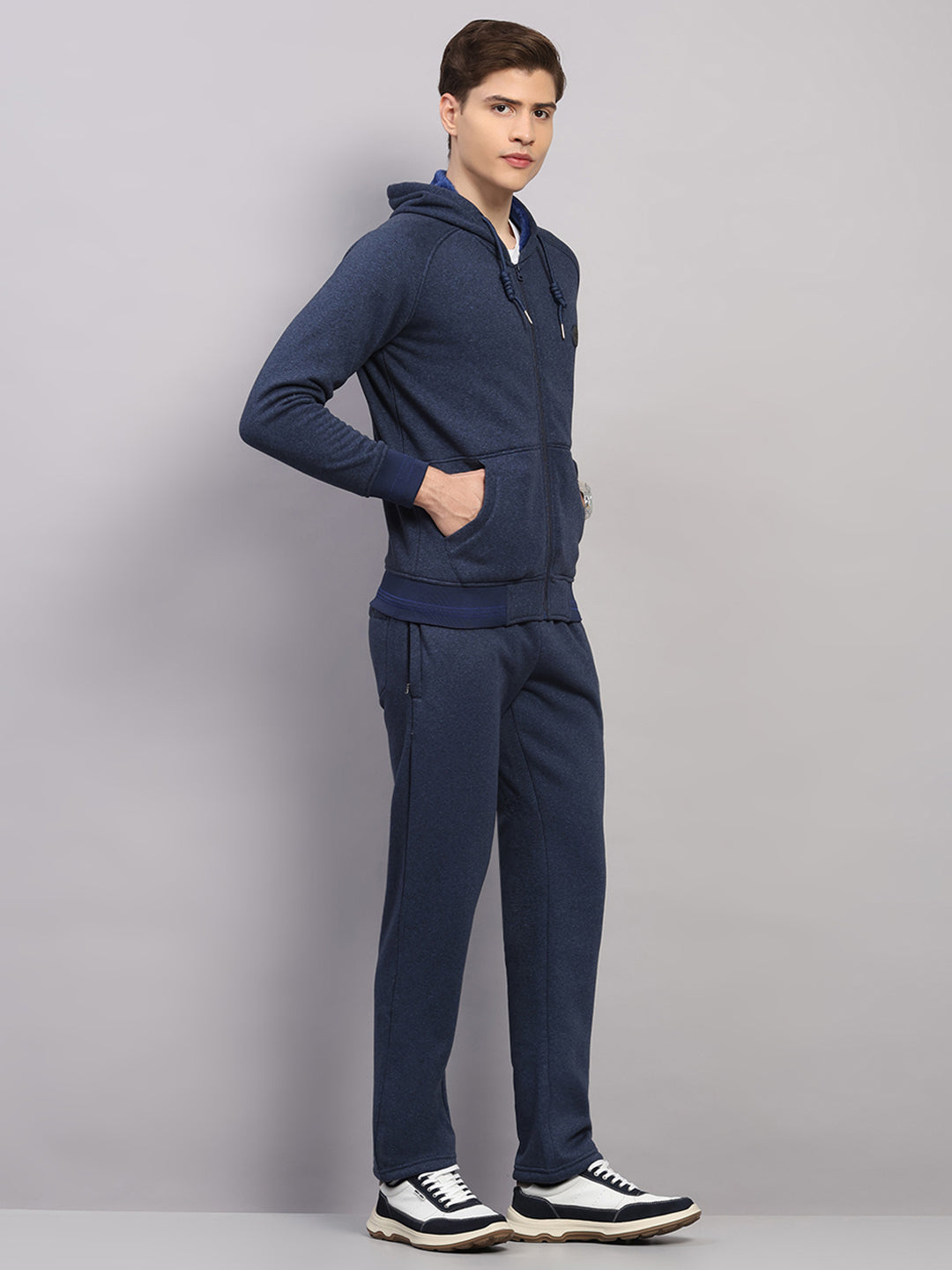 Men Navy Blue Solid Collar Full Sleeve Winter Tracksuit