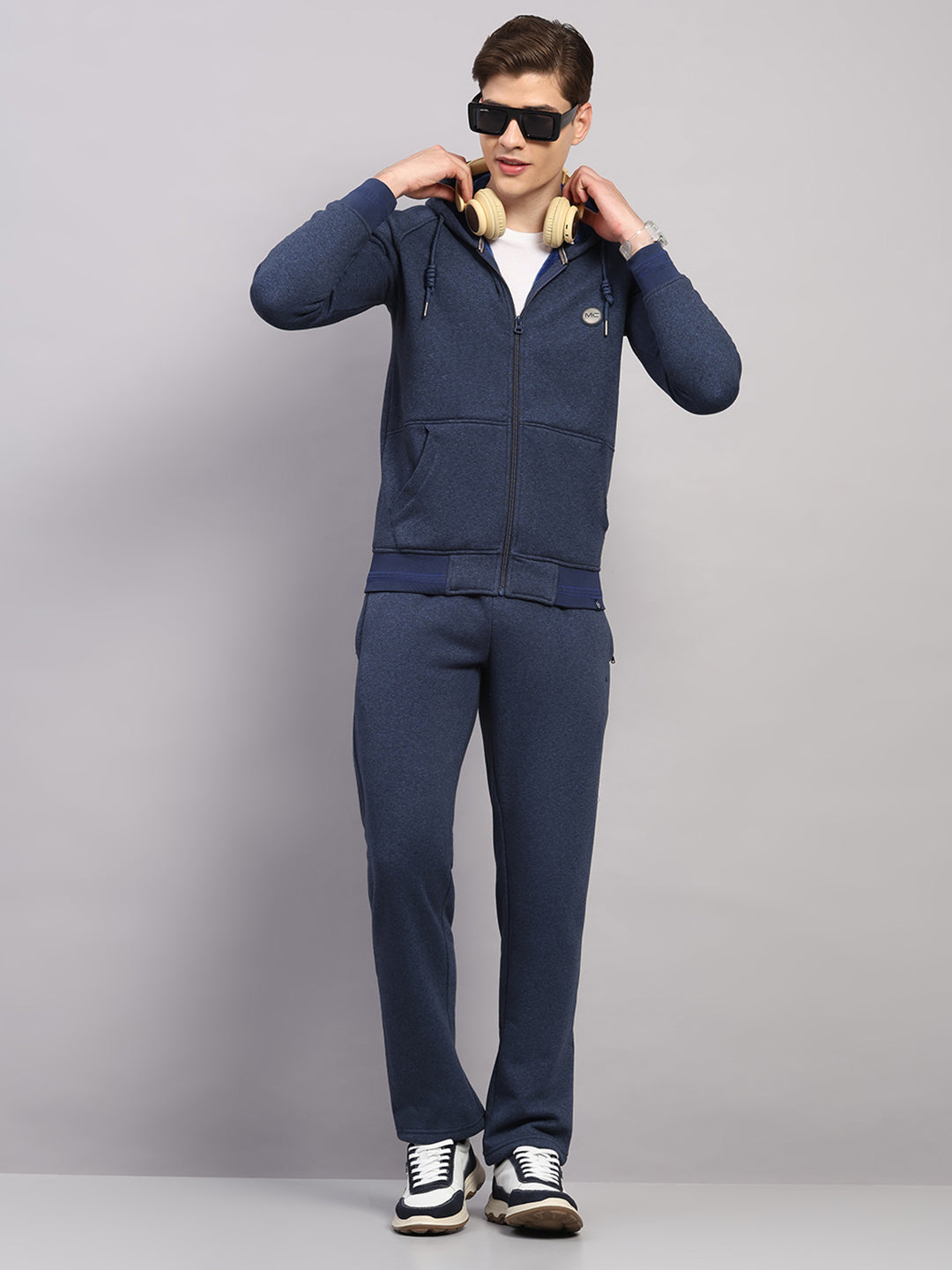 Men Navy Blue Solid Collar Full Sleeve Winter Tracksuit