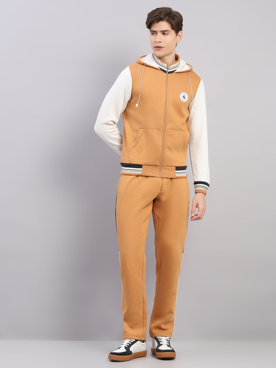 Men Camel Brown Solid Hooded Full Sleeve Winter Tracksuit