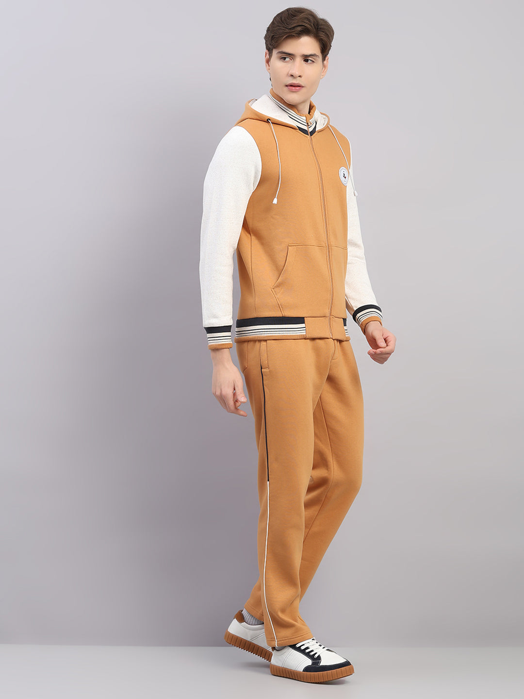 Men Camel Brown Solid Hooded Full Sleeve Winter Tracksuit
