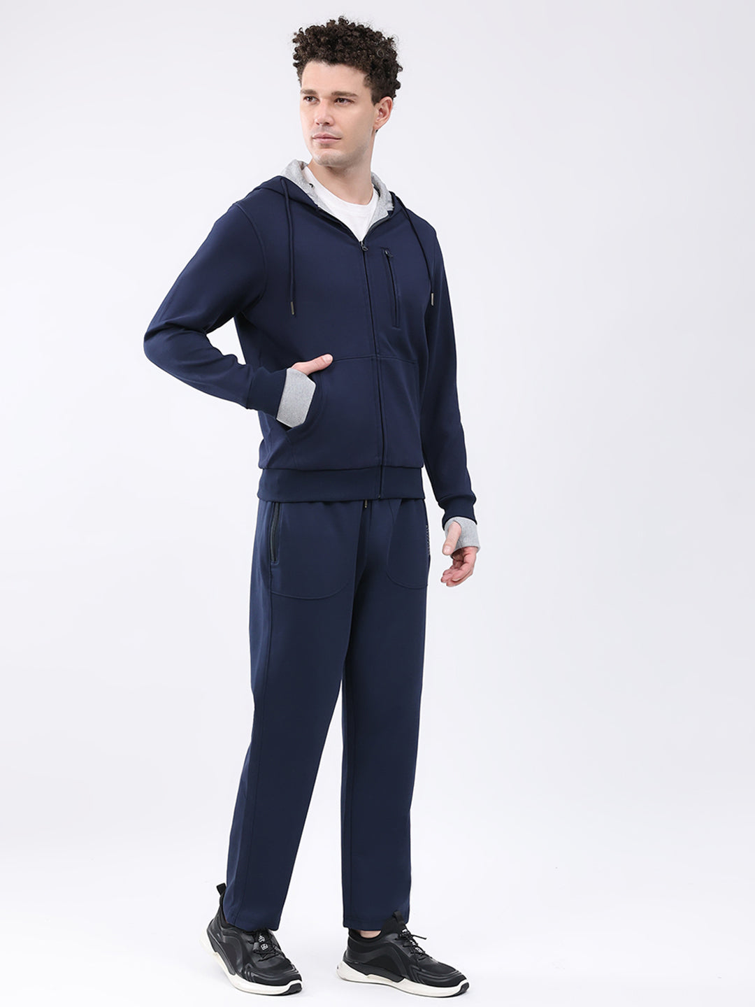 Men Navy Blue Solid Hooded Full Sleeve Winter Tracksuit