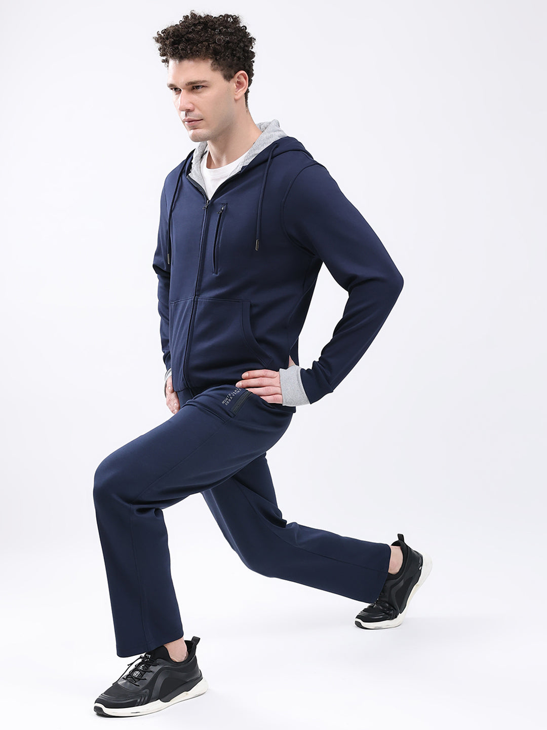Men Navy Blue Solid Hooded Full Sleeve Winter Tracksuit