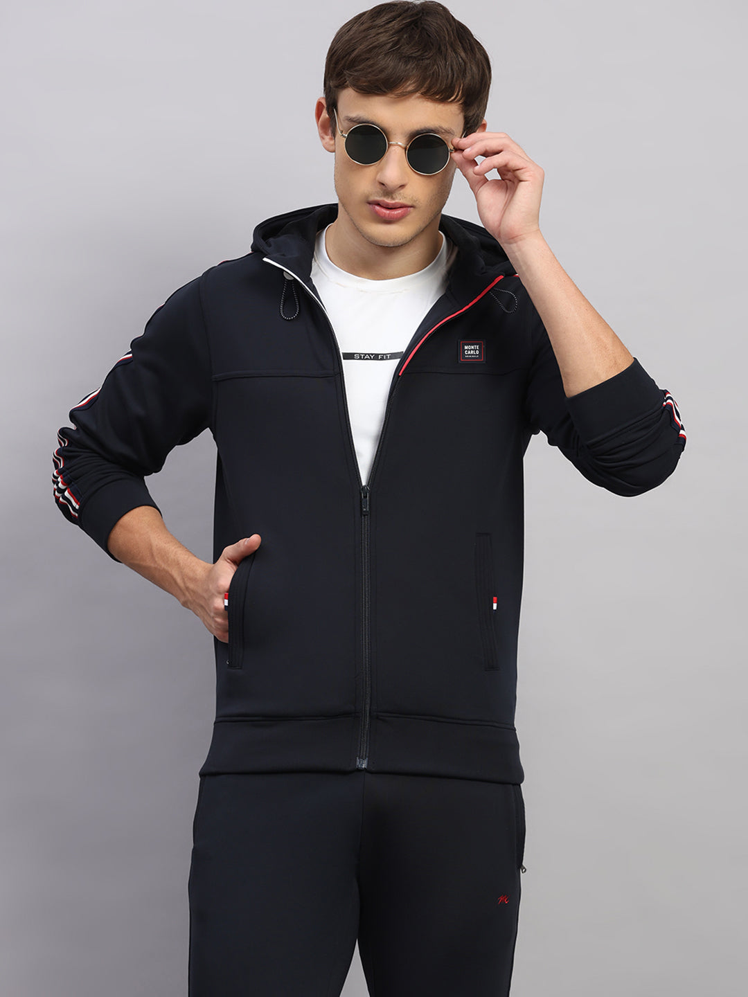 Men Navy Blue Solid Collar Full Sleeve Winter Tracksuit