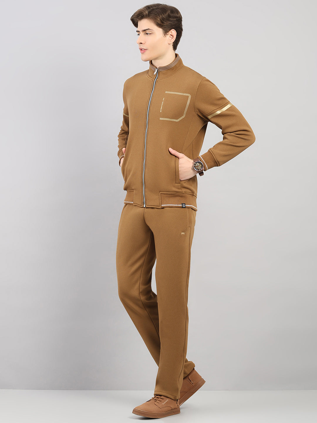 Men Brown Solid Stand Collar Full Sleeve Winter Tracksuit