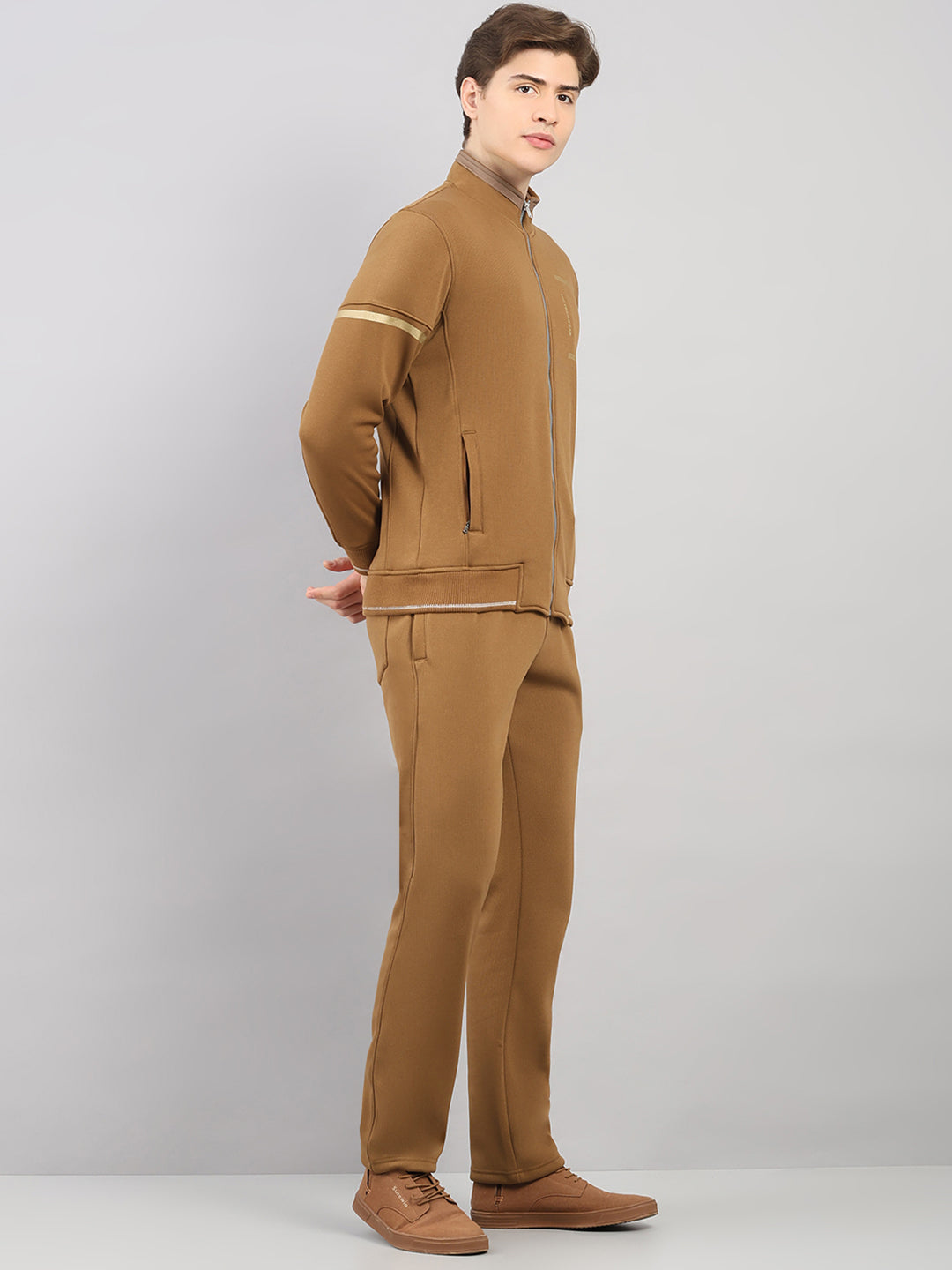 Men Brown Solid Stand Collar Full Sleeve Winter Tracksuit