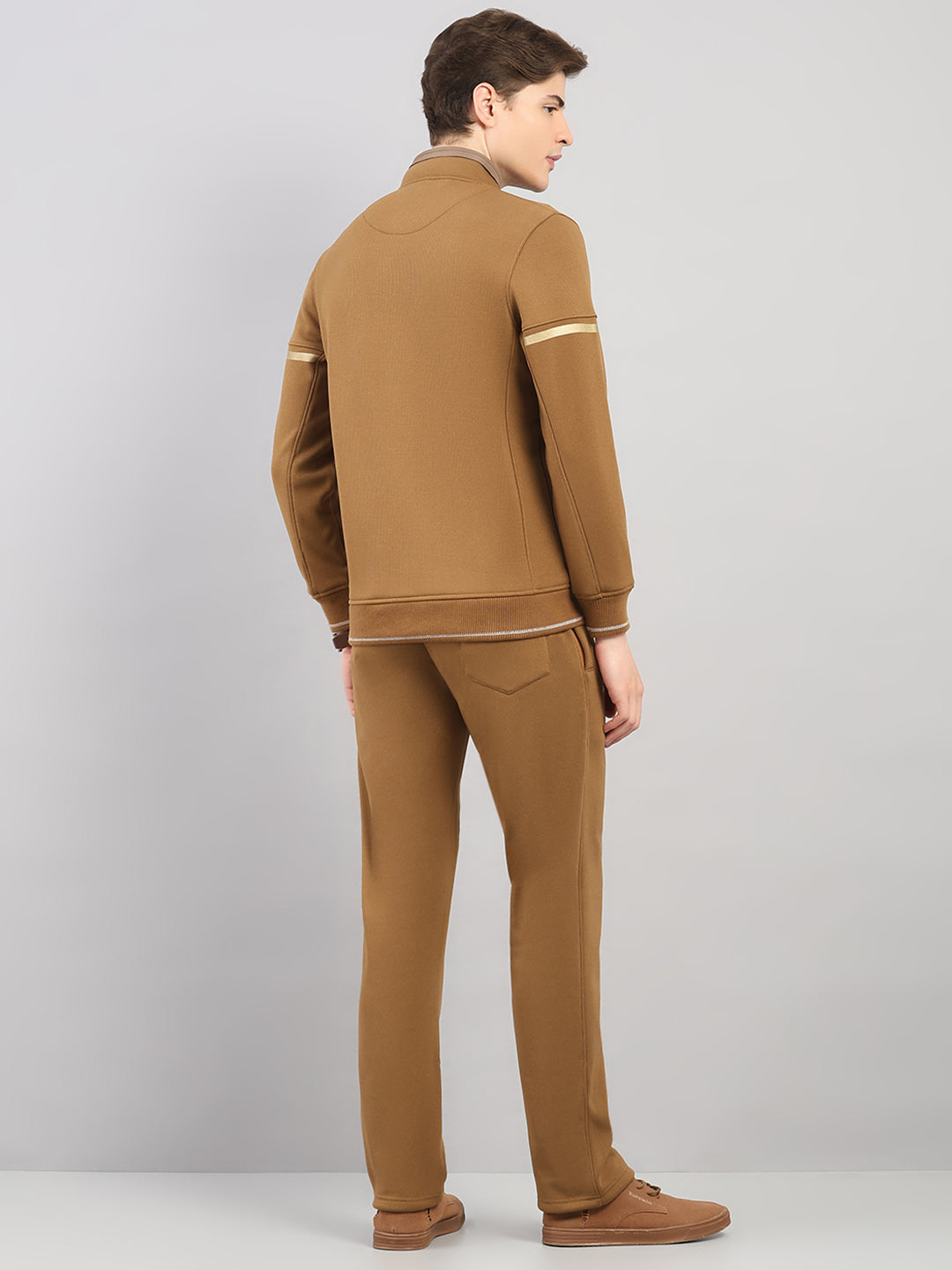 Men Brown Solid Stand Collar Full Sleeve Winter Tracksuit