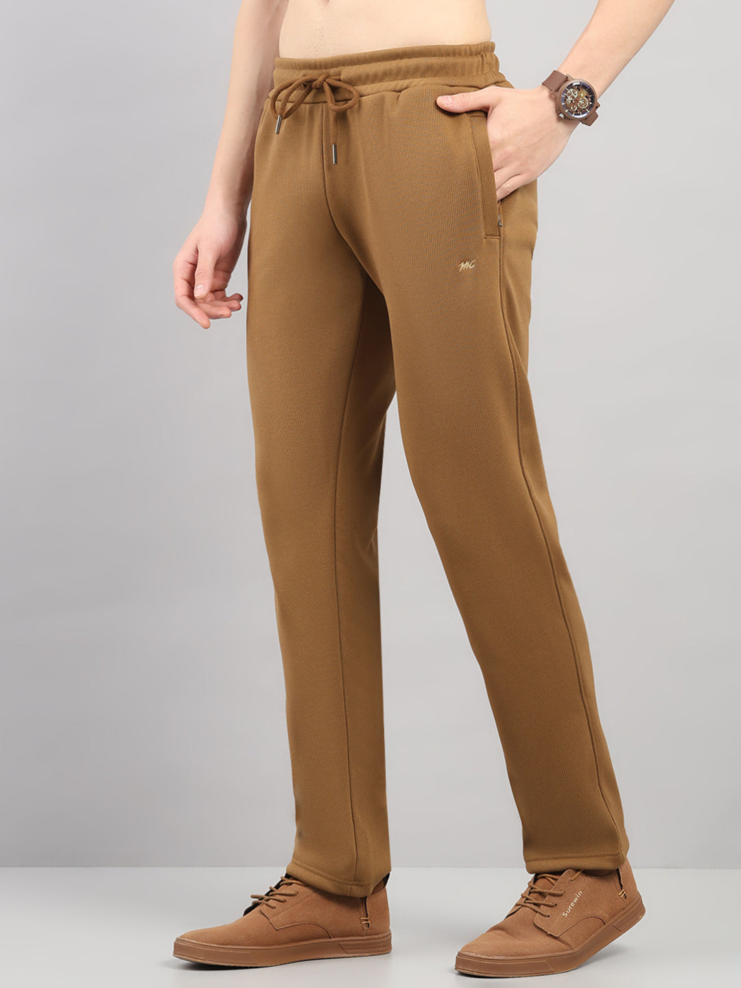 Men Brown Solid Stand Collar Full Sleeve Winter Tracksuit