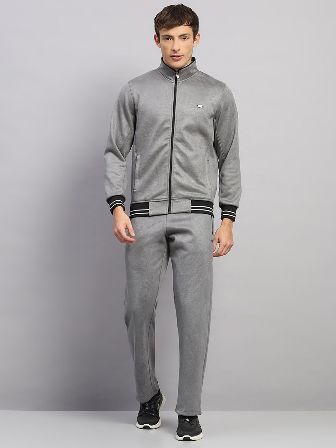 Men Grey Solid Collar Full Sleeve Winter Tracksuit