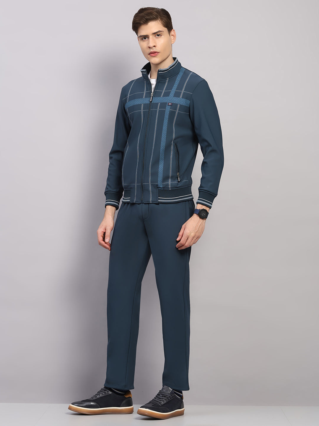 Men Teal Blue Solid Collar Full Sleeve Winter Tracksuit