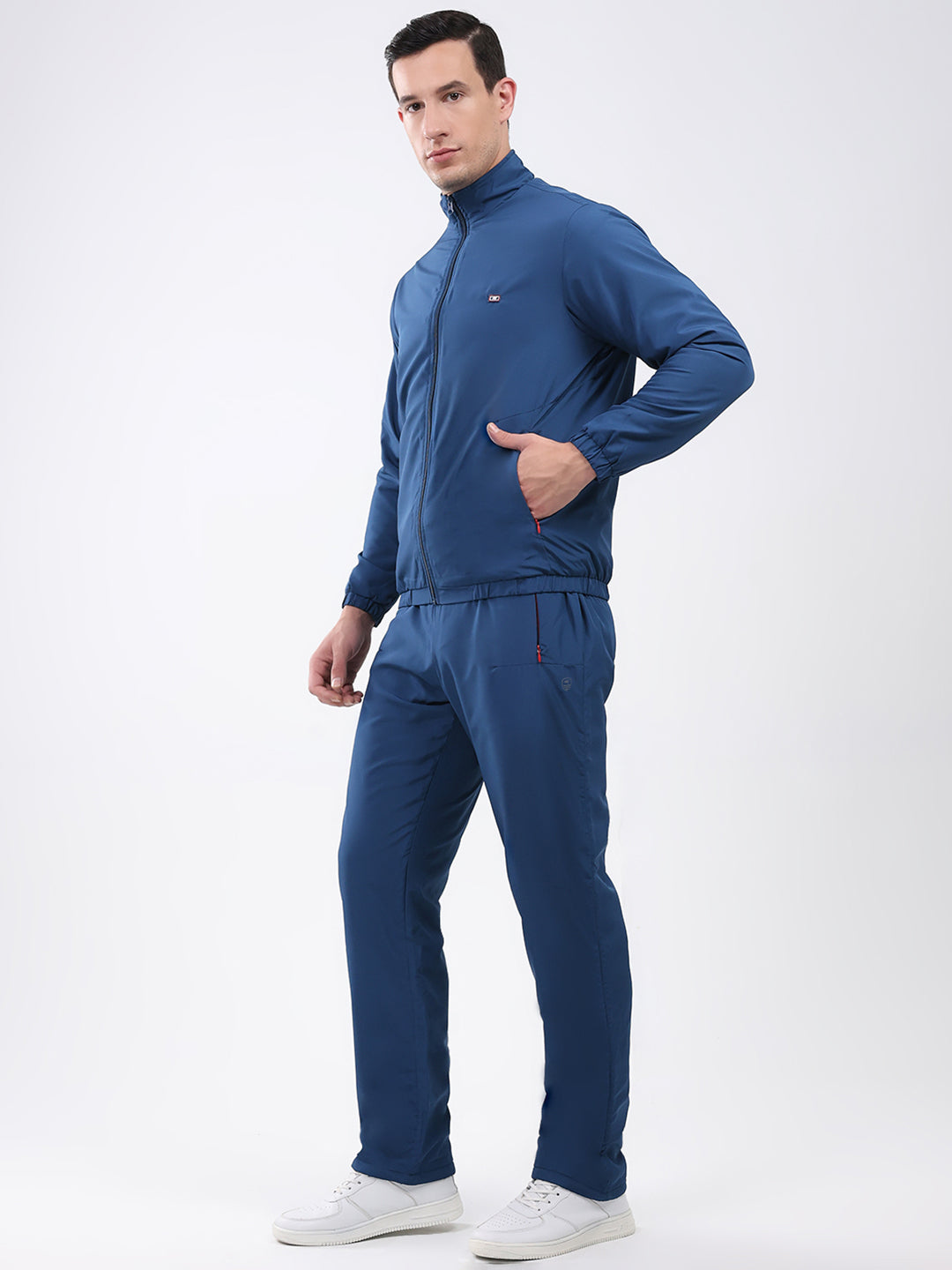 Men Blue Solid Mock Neck Full Sleeve Winter Tracksuit