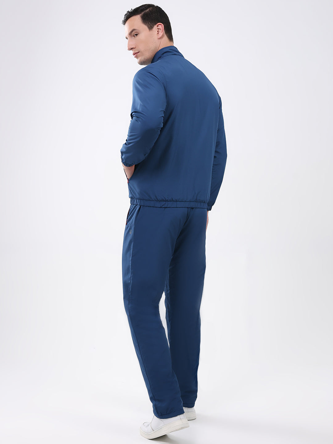 Men Blue Solid Mock Neck Full Sleeve Winter Tracksuit