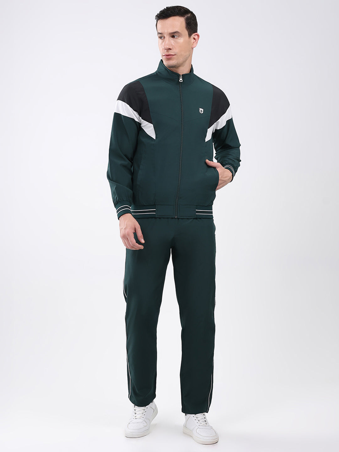Men Green Solid Mock Neck Full Sleeve Winter Tracksuit