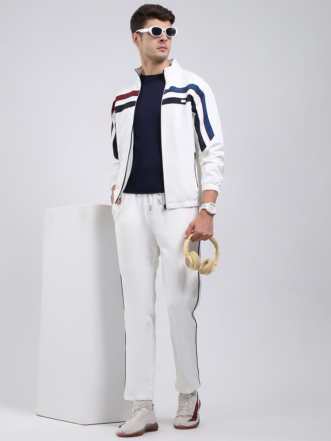 Men White Solid Mock Neck Full Sleeve Winter Tracksuit