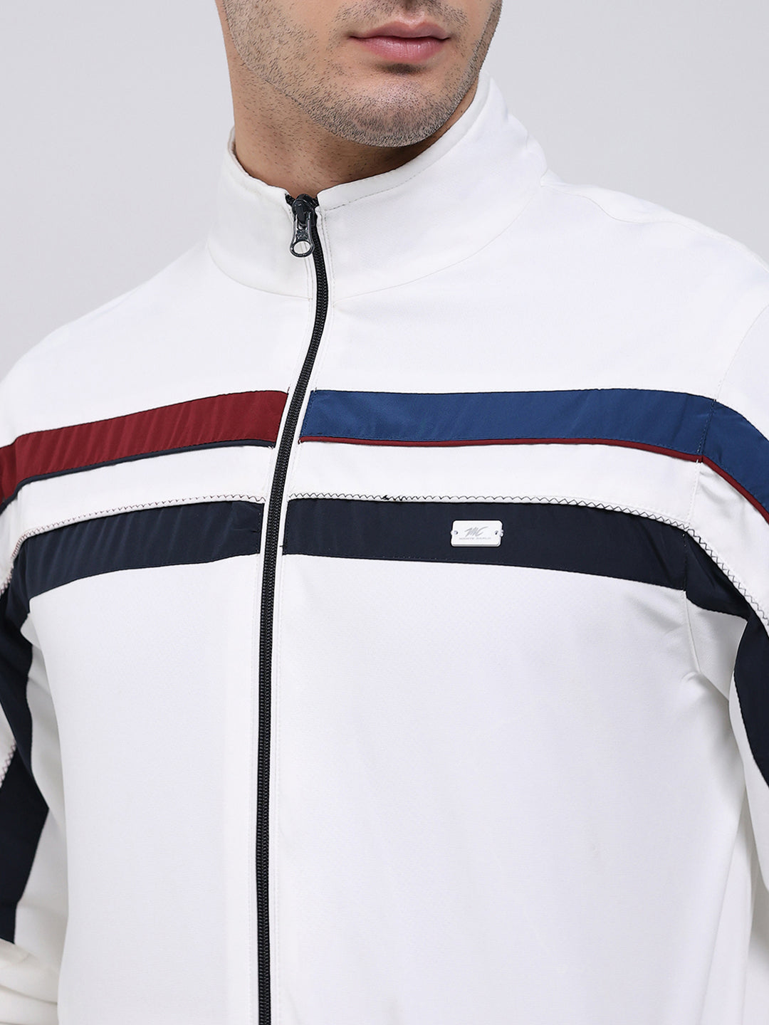 Men White Solid Mock Neck Full Sleeve Winter Tracksuit