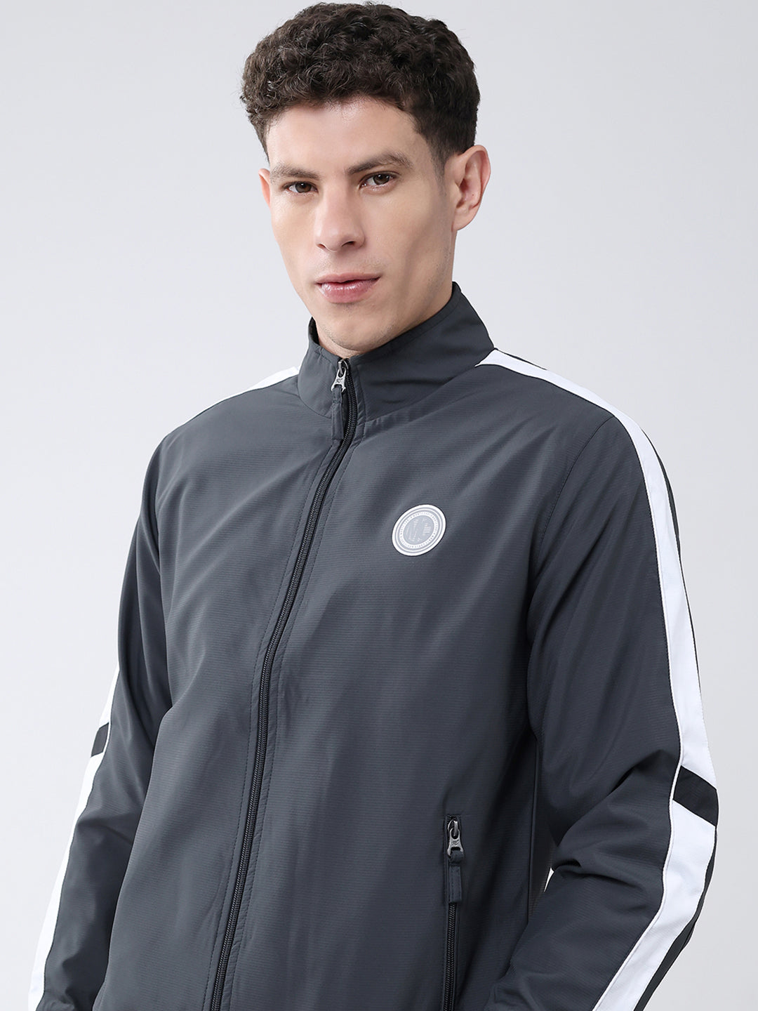 Men Charcoal Solid Mock Neck Full Sleeve Winter Tracksuit