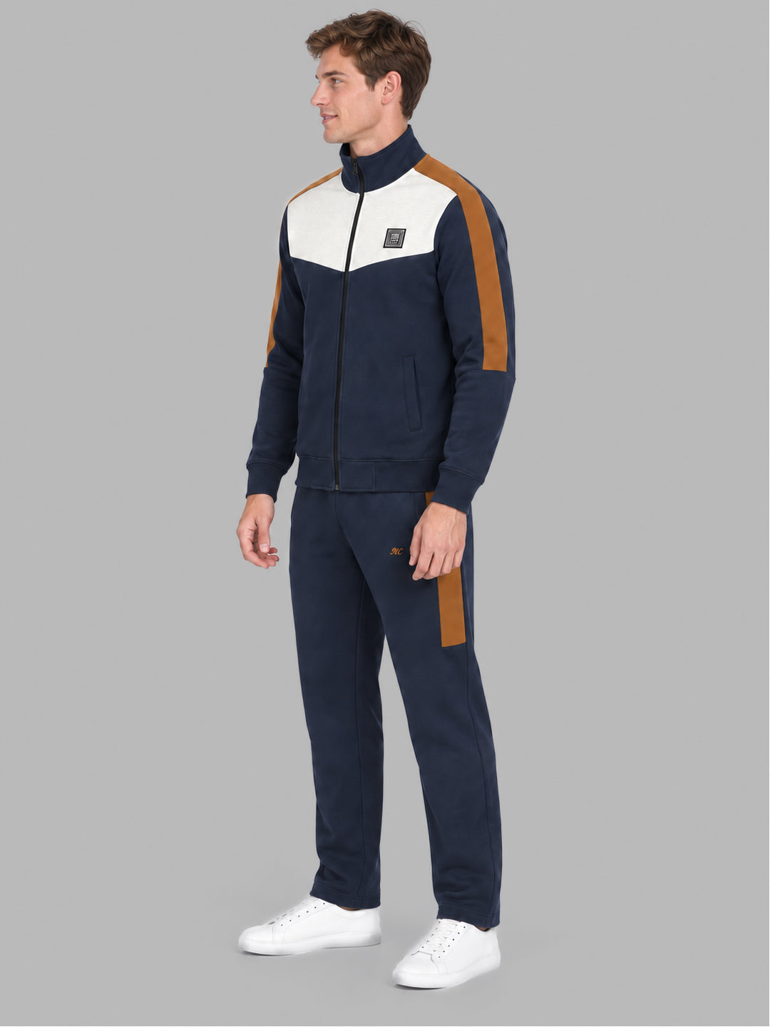 Men Navy Blue Printed Round Neck Full Sleeve Winter Tracksuit