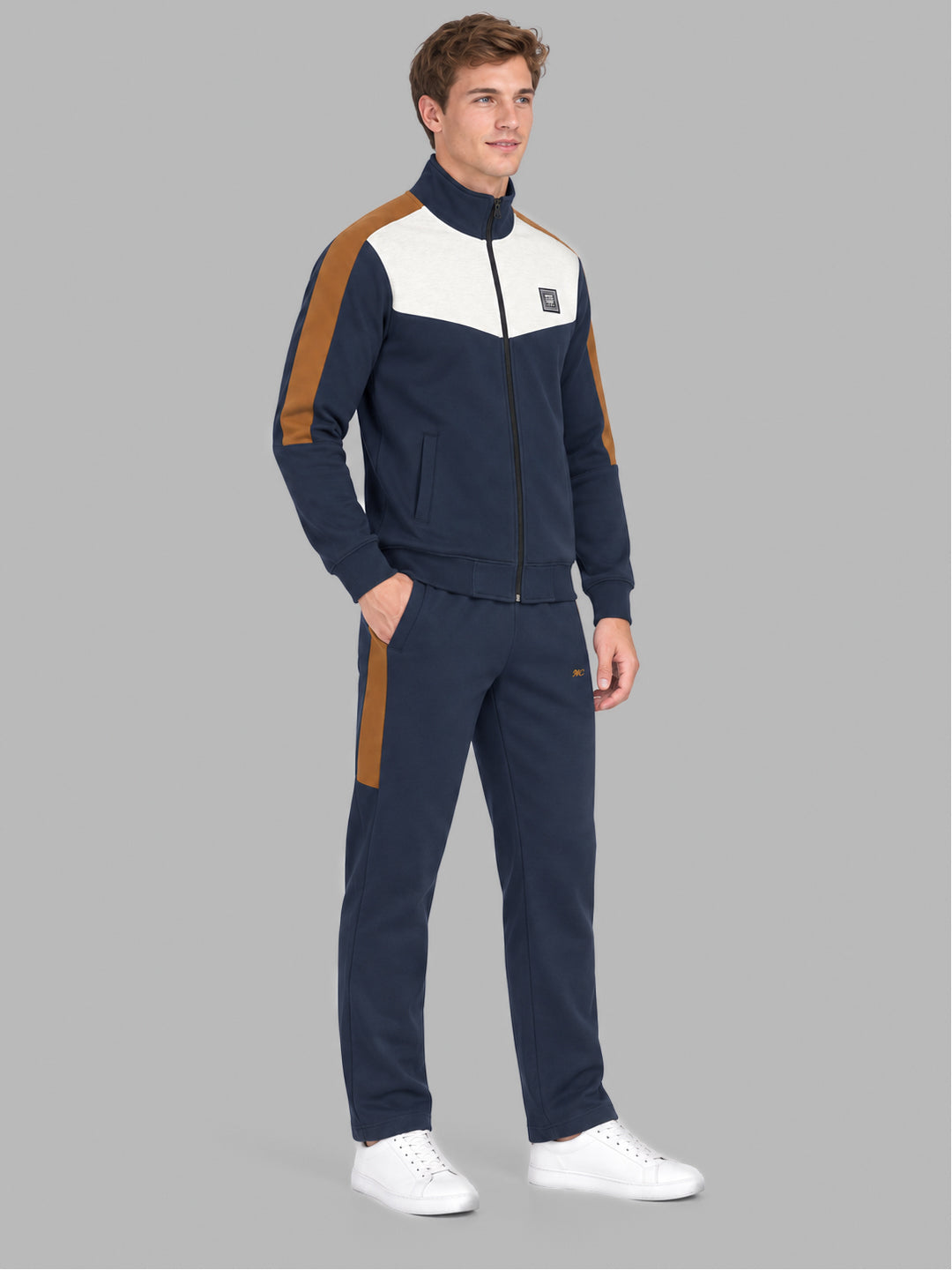 Men Navy Blue Printed Round Neck Full Sleeve Winter Tracksuit