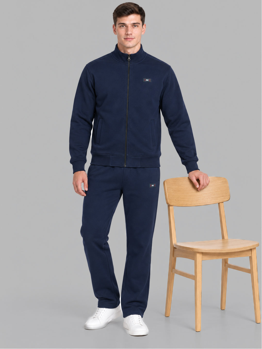Men Navy Blue Solid Round Neck Full Sleeve Winter Tracksuit