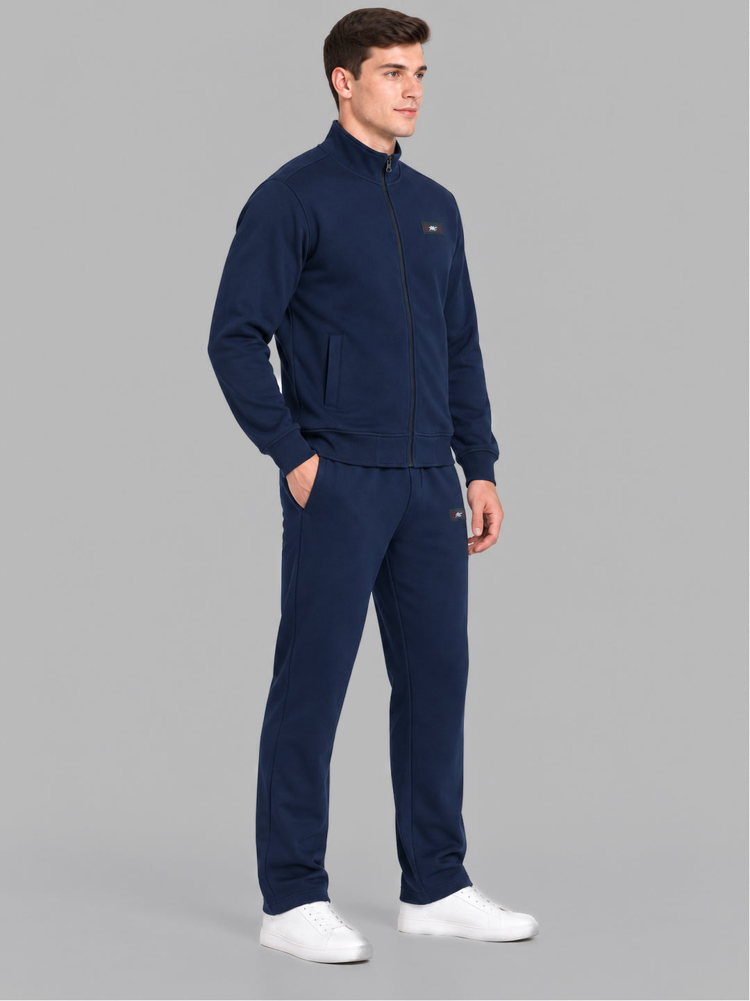 Men Navy Blue Solid Round Neck Full Sleeve Winter Tracksuit