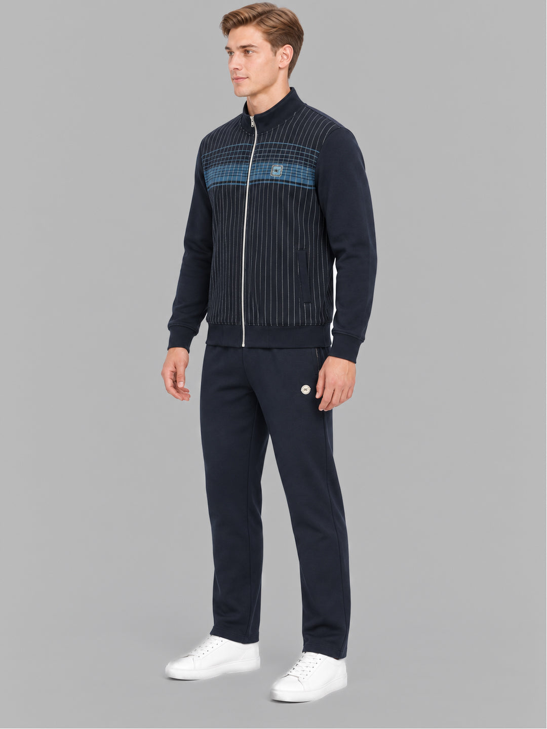 Men Navy Blue Solid Round Neck Full Sleeve Winter Tracksuit